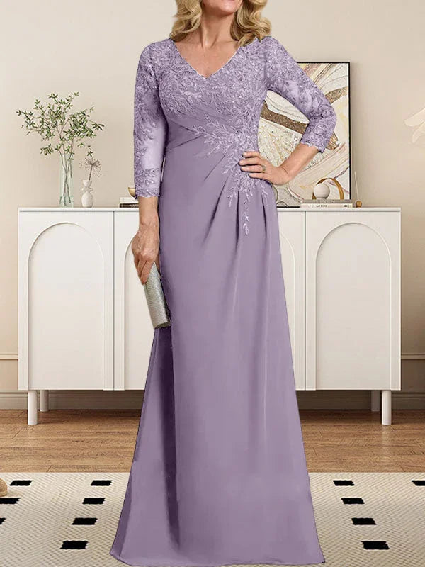 Vestido de madrina de novia con escote en V ilusión, corte columna, largo hasta el suelo, de encaje y gasa con lentejuelas plisadas