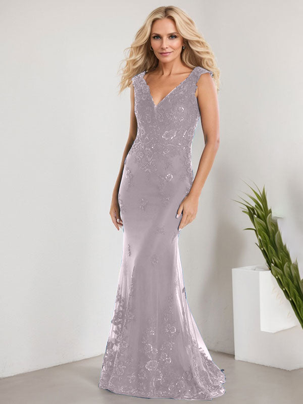 A-line V-Neck Floor-Length Lace Chiffon Mother of the Bride Dress With Applique Sequins Mermaid Dresses
