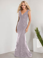 A-line V-Neck Floor-Length Lace Chiffon Mother of the Bride Dress With Applique Sequins Mermaid Dresses