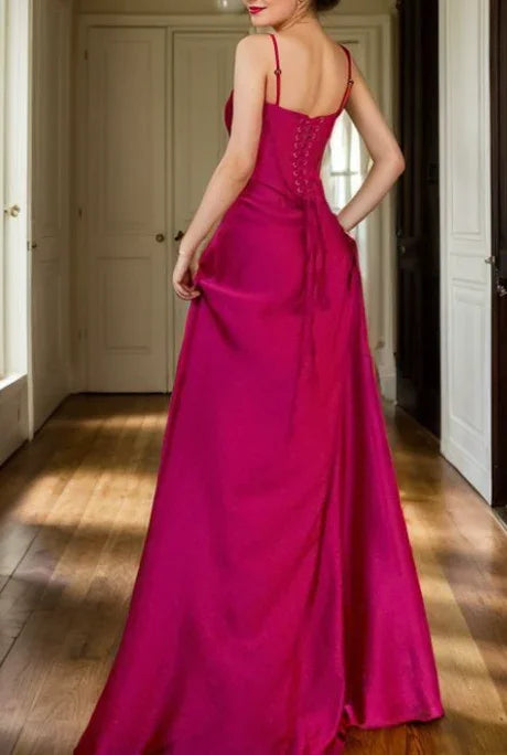 Vestido de noche de línea A de moda, vestido de fiesta de satén rosa intenso Y7717