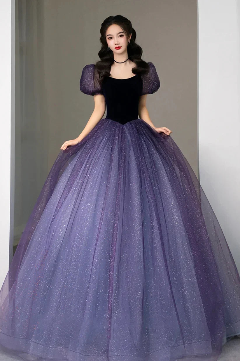 Lila Tüll Kurzarm Festliches Kleid Niedliches A-Linien Abendkleid Y4291
