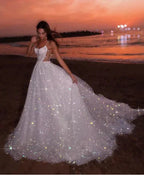 Vestido de Noite de Tule com Lantejoulas Brancas Brilhantes, Linha A, Sem Mangas, Comprido para Praia, Vestido de Noiva Y8011