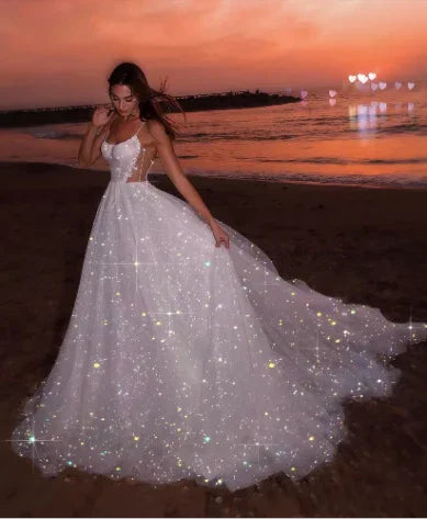 Vestido de Noite de Tule com Lantejoulas Brancas Brilhantes, Linha A, Sem Mangas, Comprido para Praia, Vestido de Noiva Y8011