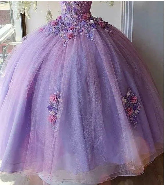 Vestido Longo de Baile em Tule Princesa com Flor, Vestidos de Baile de Debutante Y4372