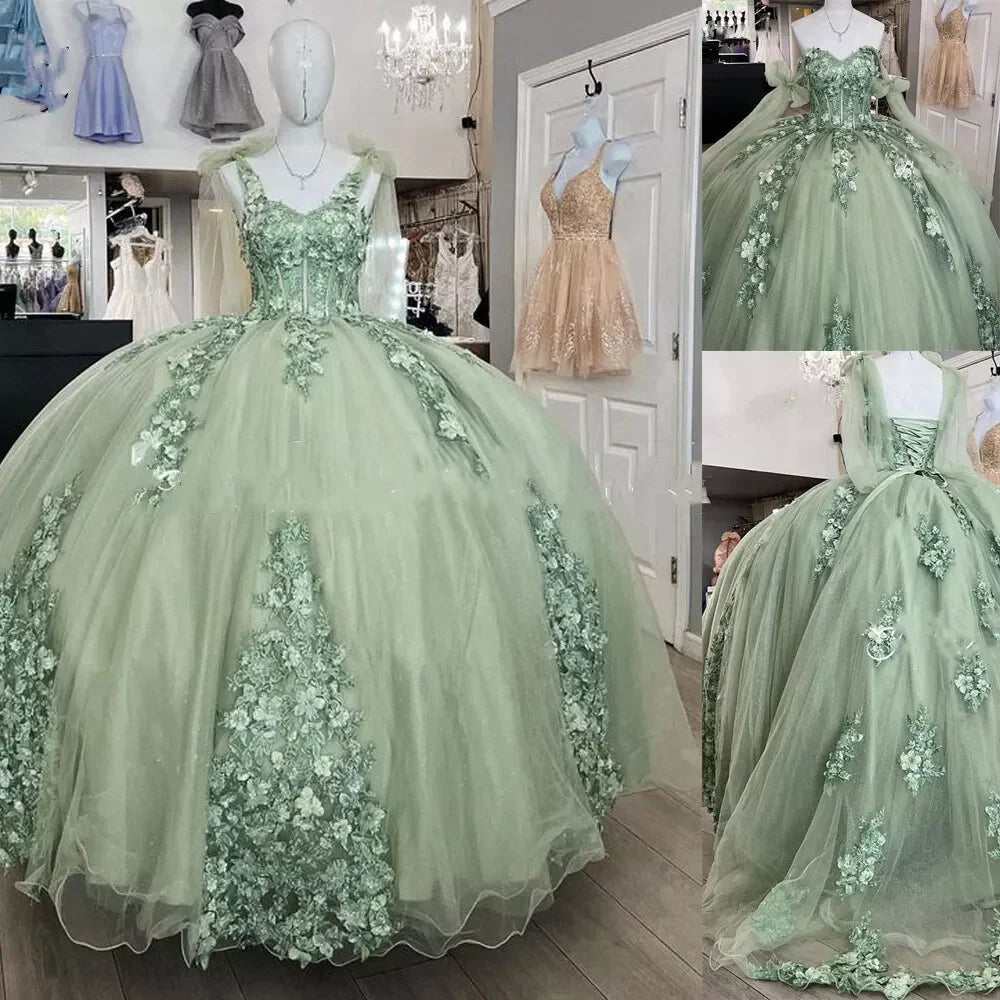 Vestido de Baile de Mulher com Alças Finas, Aplicação de Renda para Festa de 15 e 16 Anos, Modelo Y3038