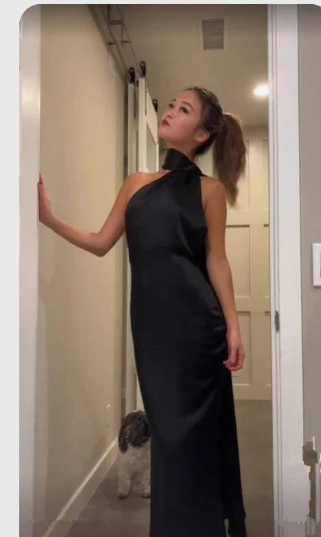 Elegante abito lungo nero da sera senza schiena Abito da sera nero Y7426