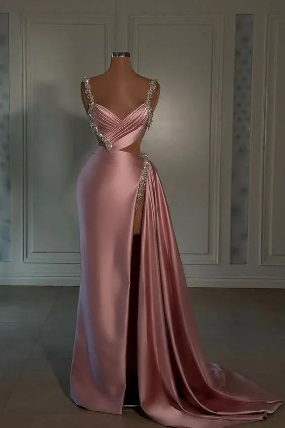 Vestido de Noite Rosa Deslumbrante com Alças Finas em Coração e Fenda Alta Y6714