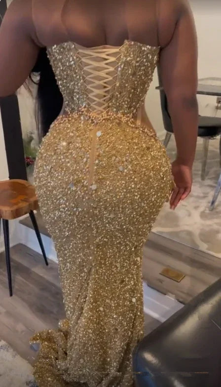 Vestido de noche sirena con apliques de lentejuelas doradas lujosas Y7880