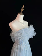 Vestido de fiesta azul elegante de tul con lentejuelas y cuentas en línea A modelo Y8646