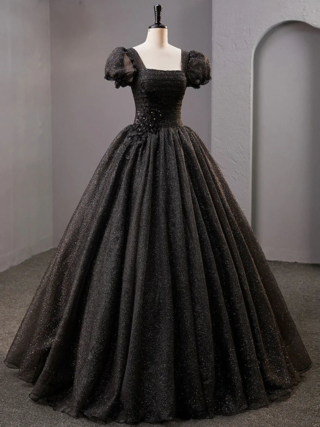 Black Square Neckline Tulle Long Prom Dress Shiny Black Evening Dresses Y4386
