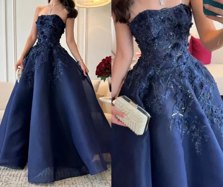 Magnifique robe de bal bleu marine sans bretelles à appliques, coupe évasée, robe de soirée Y8274