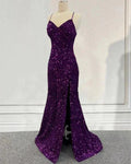 Vestido de Baile Roxo Escuro com Lantejoulas, Modelo Sereia, Vestido Formal de Noite com Fenda Y7212