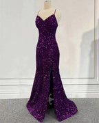Vestido de Baile Roxo Escuro com Lantejoulas, Modelo Sereia, Vestido Formal de Noite com Fenda Y7212