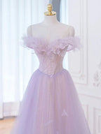 A-Line Purple Off Shoulder Long Prom Dress, Purple Formal Evening Dresses Y1783
