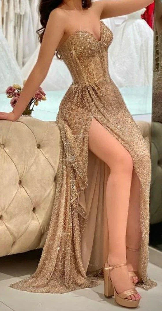فستان سهرة لامع بقصة على شكل حرف A مع فتحة، فستان سهرة ساحر Y6646