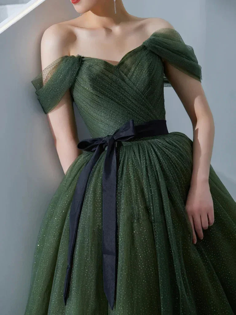 Robe longue de bal en tulle vert simple, robe de soirée en tulle vert Y1554