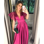 Vestidos Elegantes de Noche para Mujer con Escote en V Sexy en Fucsia Y5036