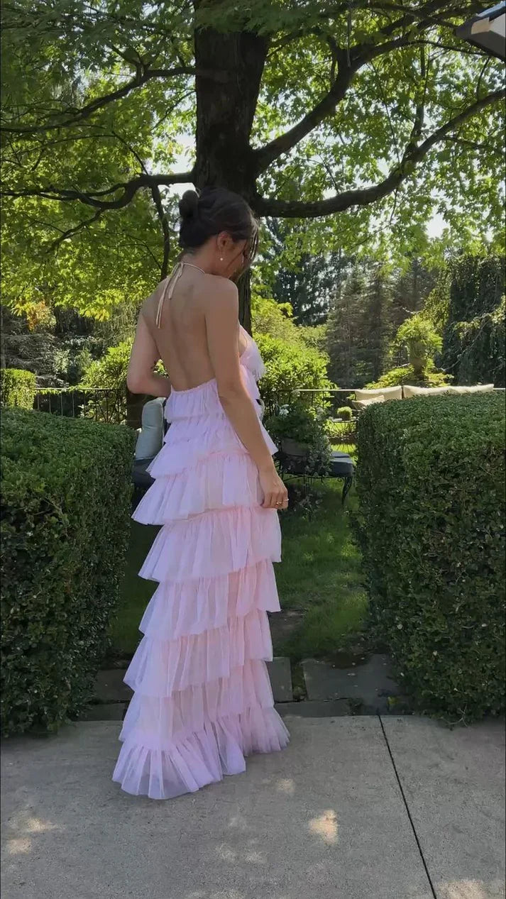 Robe de soirée longue rose superposée à col licou sexy, robe de cérémonie élégante Y1586