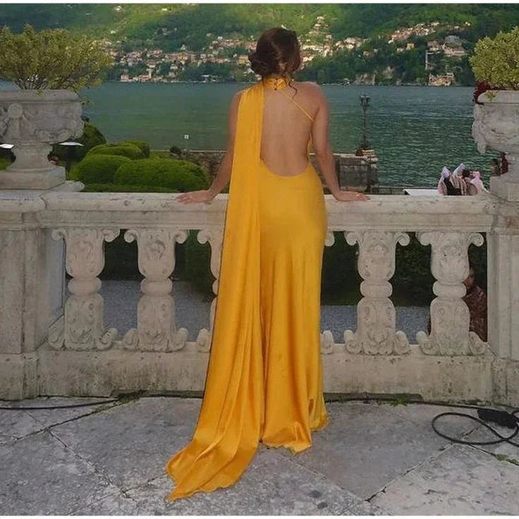 فستان سهرة طويل أصفر ساتان بدون ظهر وكتف مكشوف Y8466