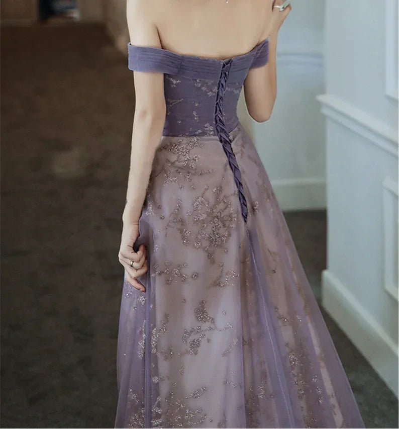 Vestido de Baile Roxo Sonhador com Ombros Descobertos Vestido de Noite Elegante Longo para Banquete Vestido de Festa Sem Mangas Vestido de Formatura para Rapariga Y4286