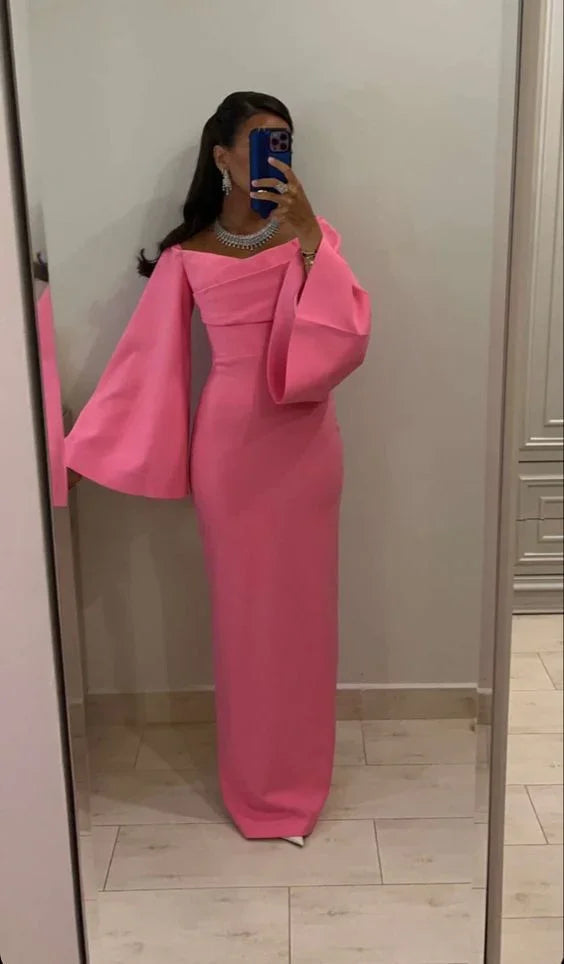 Vestido de noche rosa ajustado/columnar con mangas largas Vestido de baile rosa Y6039