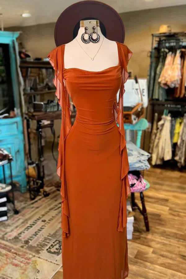 Vestido de Festa Elegante com Mangas Folhadas, Decote Quadrado, Modelo Tubinho, Comprido para Noite Y8091