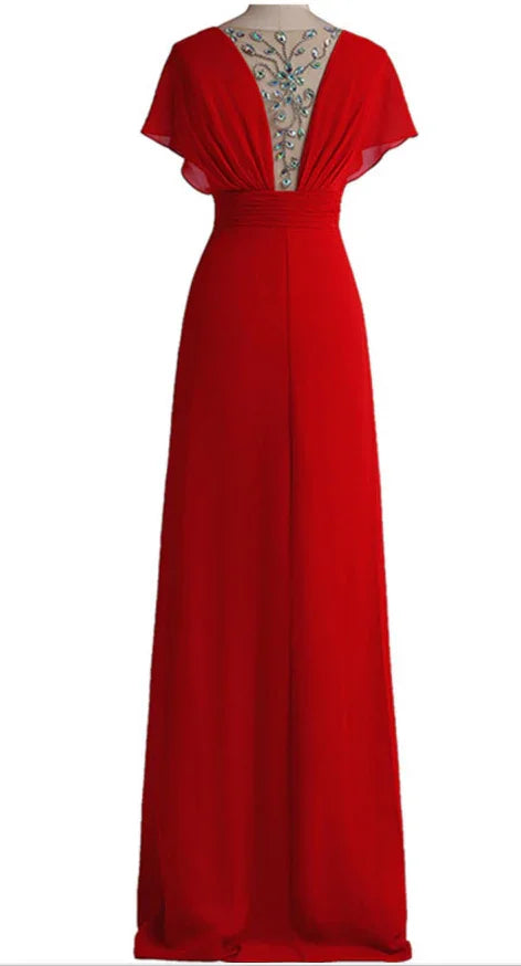 Robe de soirée rouge sexy à décolleté plongeant en mousseline avec dos en cristal, robe de cérémonie formelle Y1005