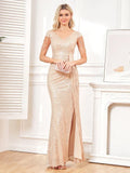 Vestido de Noite Elegante para Mulher com Decote em V, Lantejoulas, Luxuoso com Fenda, Bordado, Formal, Maxi, Longo, para Baile, Cocktail e Casamento