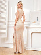 Vestido de Noite Elegante para Mulher com Decote em V, Lantejoulas, Luxuoso com Fenda, Bordado, Formal, Maxi, Longo, para Baile, Cocktail e Casamento