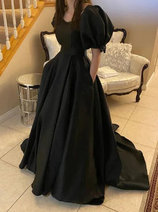 فساتين سهرة رسمية سوداء بذيل حورية البحر بأكمام قصيرة Y4347