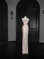 Hermoso vestido largo de fiesta y noche con lentejuelas y cuentas de tul champán ajustado Y8658