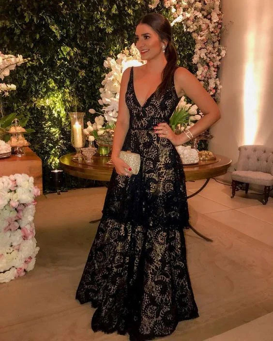Vestido longo de noite com decote em V e renda até ao chão Y6036