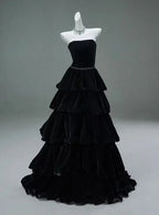 Chic Black A-line Layered Evening Dress Black Strapless Evening Gown Y4378