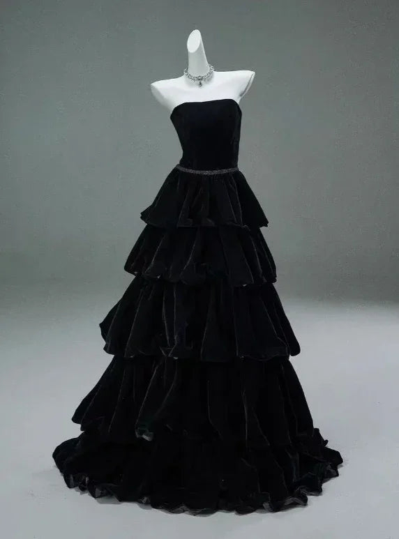 Chic Black A-line Layered Evening Dress Black Strapless Evening Gown Y4378