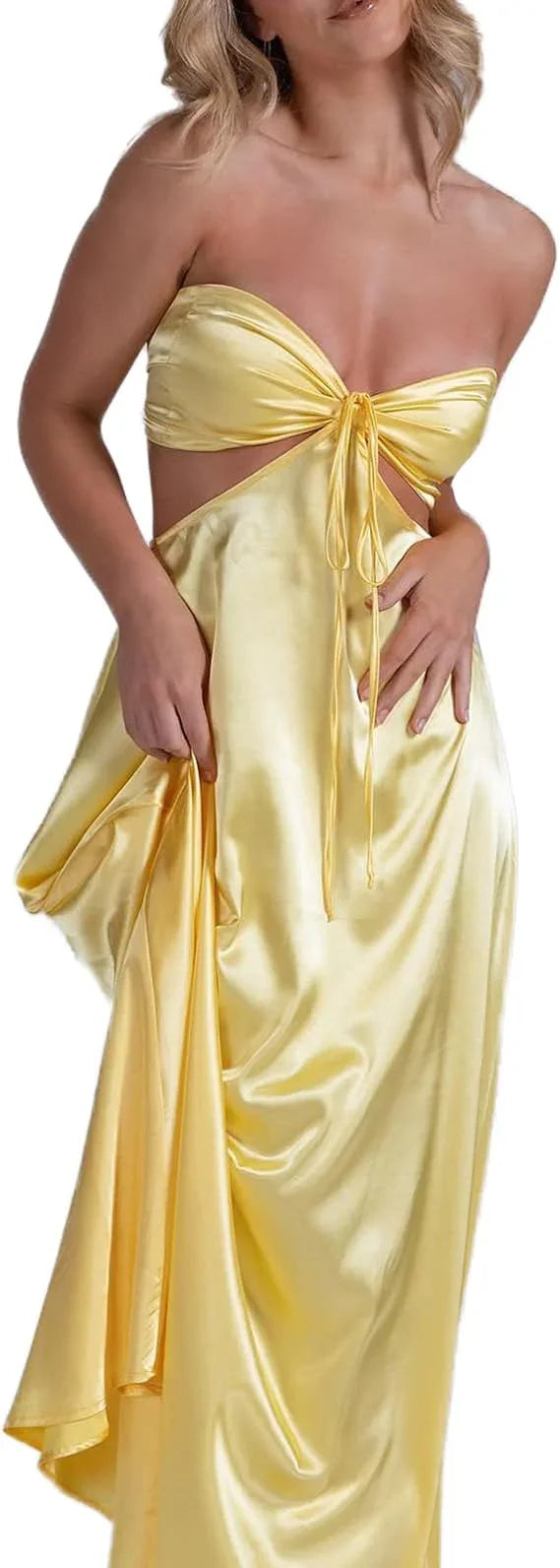 Damen Wickelkleid mit langer Brustpartie, festfarbig, ausgeschnitten, zum Binden, trägerlos, rückenfrei, Cocktailkleid, Partykleid, ärmellos Y4673