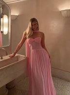Vestido longo de baile de chiffon rosa com decote em coração Y8479