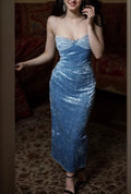 Vestido de fiesta azul elegante de terciopelo con tirantes finos Y8193