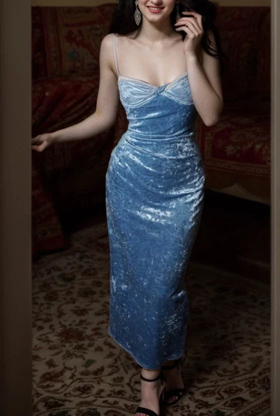 Vestido de fiesta azul elegante de terciopelo con tirantes finos Y8193