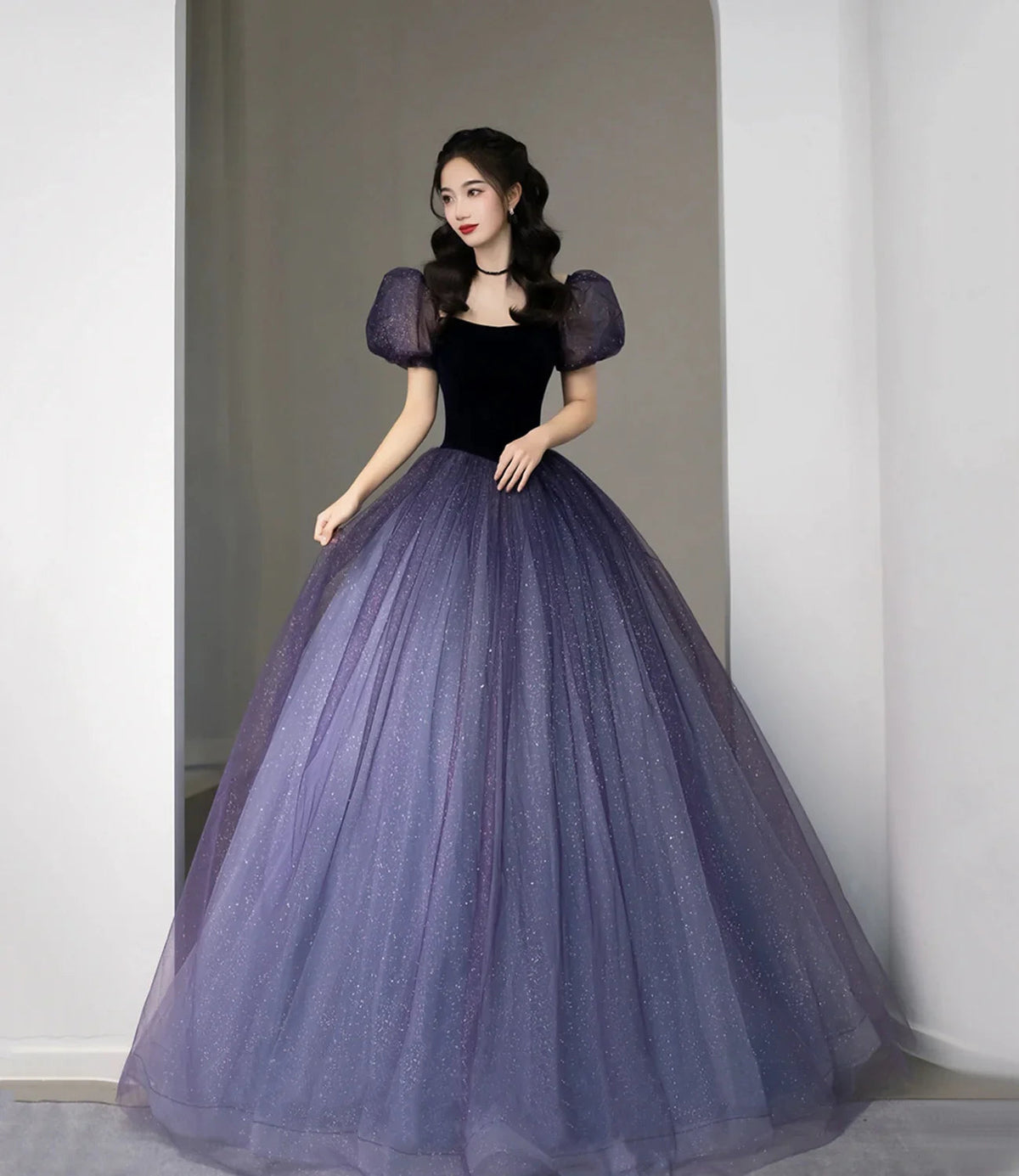 Lila Tüll Kurzarm Festliches Kleid Niedliches A-Linien Abendkleid Y4291