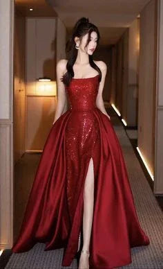 Vestido largo de noche rojo con lentejuelas, escote sin tirantes, sirena bonita, vestido de fiesta Y8275