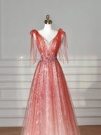 Vestido de fiesta largo de tul con escote en V elegante, lentejuelas, color rosa fresa, corte en línea A Y8614