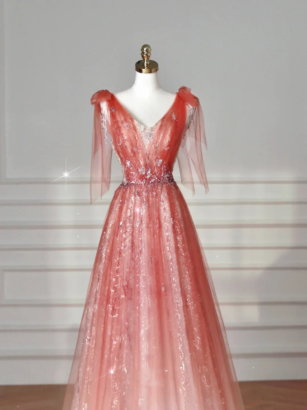 Vestido de fiesta largo de tul con escote en V elegante, lentejuelas, color rosa fresa, corte en línea A Y8614