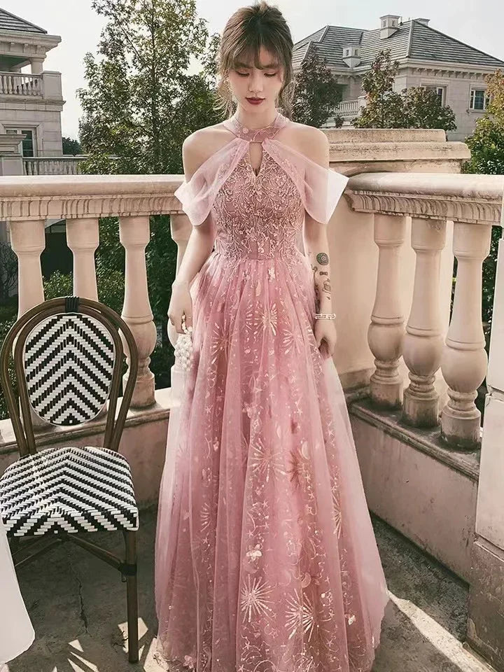 Robe de fête rose, robe de bal à col licou, robe de soirée douce et féerique Y1918