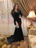 Robe de soirée sirène élégante noire à manches longues, robe de soirée noire Y5661