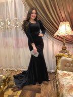 Robe de soirée sirène élégante noire à manches longues, robe de soirée noire Y5661
