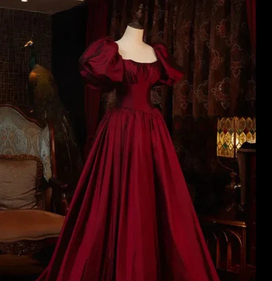 Vestidos de noite compridos até ao chão, de mangas curtas, cor vinho, vestidos formais de baile Y6973