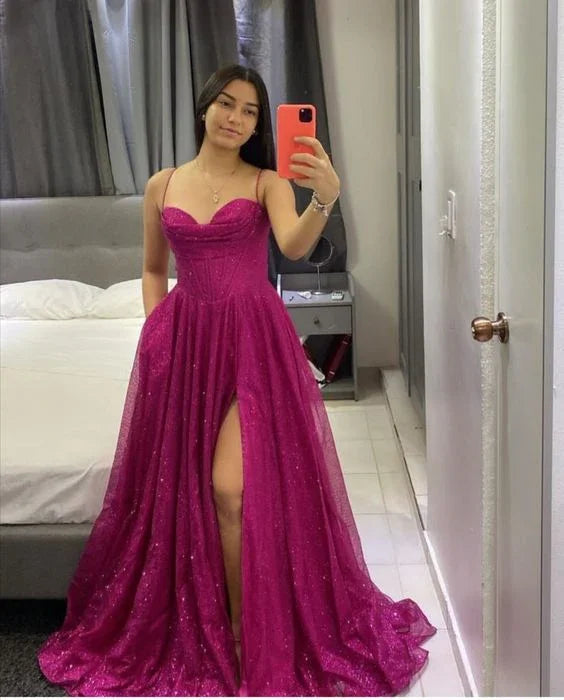 Vestido de noche en línea A con corsé fucsia y brillo Vestido de noche en línea A Y6001