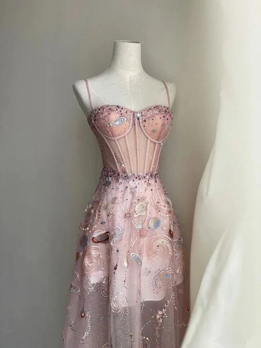 Vestido de Baile Cor-de-Rosa Sexy em Linha A Vestido de Noite Cor-de-Rosa Y6541