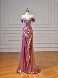 Classy Purple Satin Beaded Mermaid Prom Dress Off The Shoulder Long Evening Dress Y8605