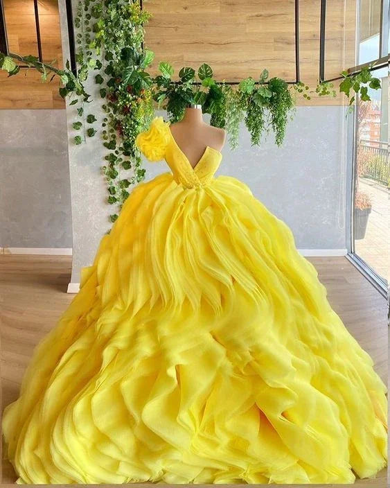 Impresionante vestido largo amarillo de princesa estilo bola Y5833